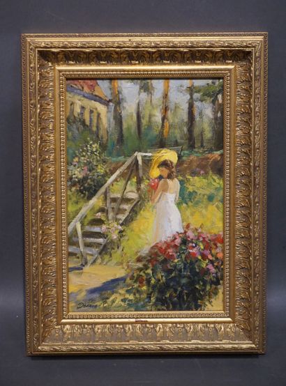 DYMOV Ecole russe: "Femme dans un jardin", huile sur toile, sbg. 36x25 cm