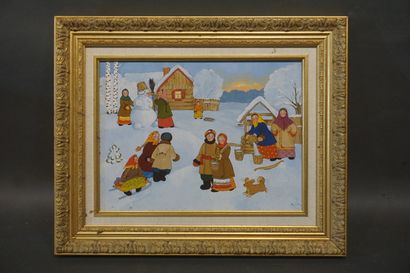 SAPOJNIKOVA Ecole russe: "Bonhomme de neige", huile sur toile. 30x40 cm