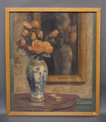 Eugène DAMBLANS (1865-1945) "Nature morte au vase et bouquet de roses", aquarelle,...