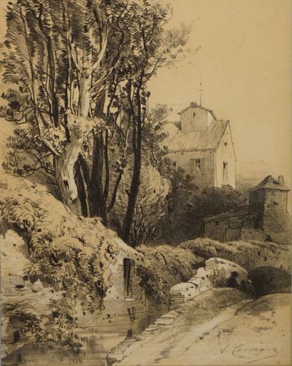 null D'après Armand Cassagne: "Village", estampe. 28,5x23 cm