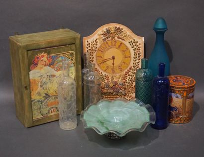 null Ceramic wall clock handle (acc.), 5 glass bottles and decanter, metal box, glass...