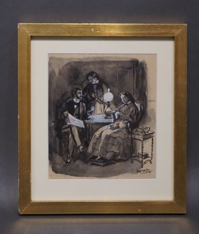 Raymond MAURITZ (1891-1951) "Conversation le soir", lavis rehaussé, sbd. 19x17 c...