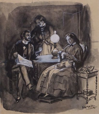 Raymond MAURITZ (1891-1951) "Conversation le soir", lavis rehaussé, sbd. 19x17 c...