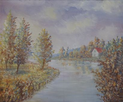 GOU "Paysage à la rivière", huile sur toile, daté 1983 (certificat, taché). 46x55...