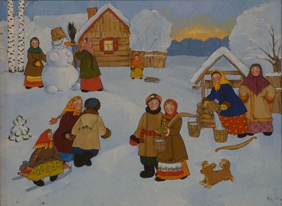 SAPOJNIKOVA Ecole russe: "Bonhomme de neige", huile sur toile. 30x40 cm