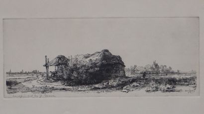 null D'après Rembrandt: "Chaumière", estampe. 13x32 cm