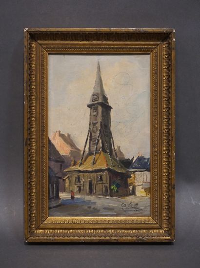 Raymond CARLOS "Eglise à Honfleur", huile sur bois, sbd. 21x13,5 cm
