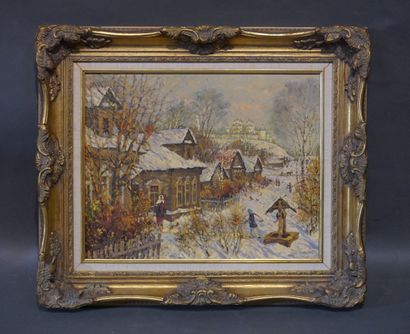 Victor GORUNOV Ecole russe: "Puit sous la neige", huile sur toile, sbd. 40x50 cm