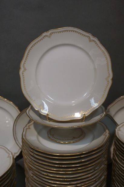 null White porcelain dinner service with golden border, E. Bourgeois in Paris, 66...