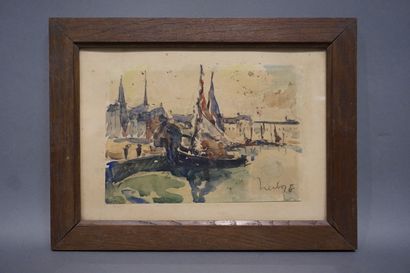 Fernand HERBO (1905-1995) "Boat at the quay in Honfleur", watercolor, sbd. 15x21...