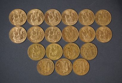 Dix-neuf pièces de vingt francs en or (Poids...