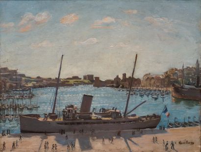 André HAMBOURG (1909-1999) "Navire au port", huile sur toile, sbd. 27x35 cm