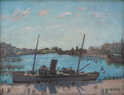 André HAMBOURG (1909-1999) "Navire au port", huile sur toile, sbd. 27x35 cm