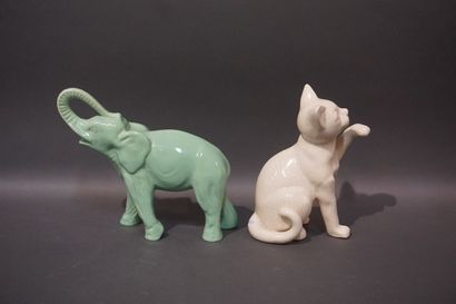 null Two ceramic animals: white cracked "Cat" (24 cm) and green "Elephant".