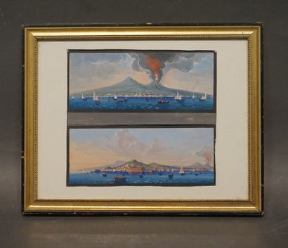 null Frame of two gouaches: "Views of Vesuvius and Naples". 7.5x19.5 cm each.