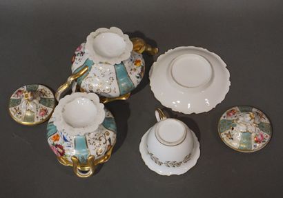 null Paris porcelain self-serving set with flowers and birds on a white, turquoise...