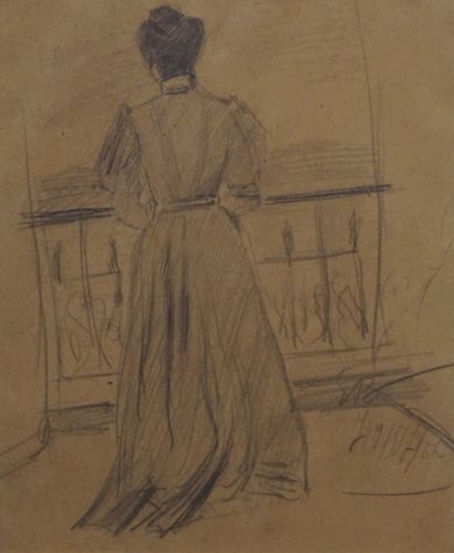 null Drawing: "Femme de dos au balcon", monogrammed lower right. 17x14 cm
