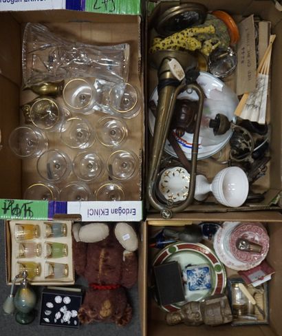 null Three glassware handles, stemware, vase, shot glasses, plates, saucers, sconces,...