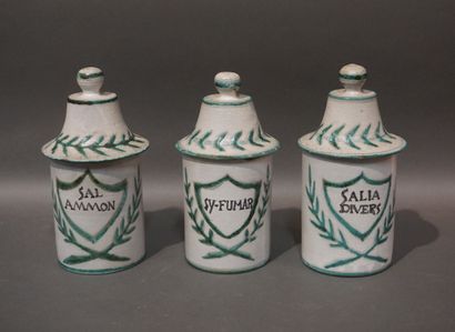 null Three grey earthenware medicine jars with green decoration. Robert Picault....