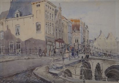 null Watercolor: "View of Mechelen", sbd Victor Ferniaus (?), located, dated 1938....