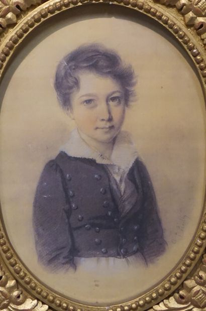 null After Boilly: "Portrait of a Young Boy", oval view reproduction, in a wood and...