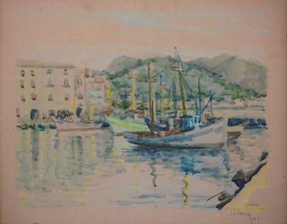 ALAIN "Port", watercolour, sbd, dated 1954. 39x49 cm