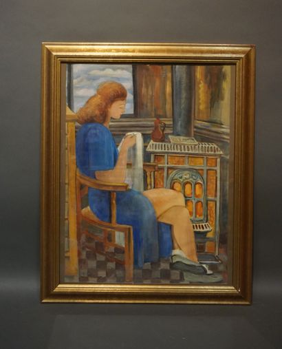 null Cyan (att. to): "Femme assise devant le poële", oil. 75x60 cm