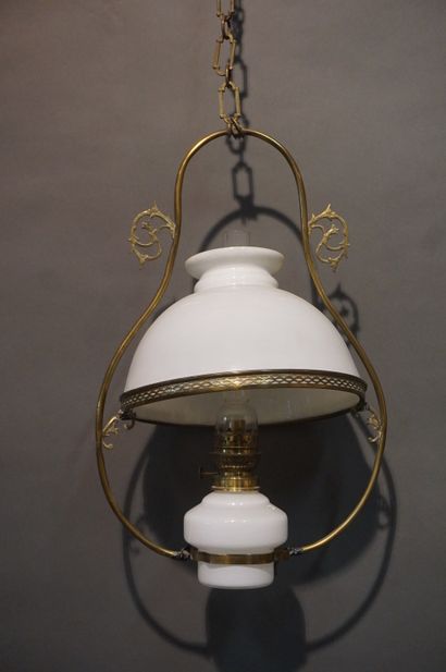 null Hanging lamp in white opaline and brass (damaged, needs refixing). 60 cm