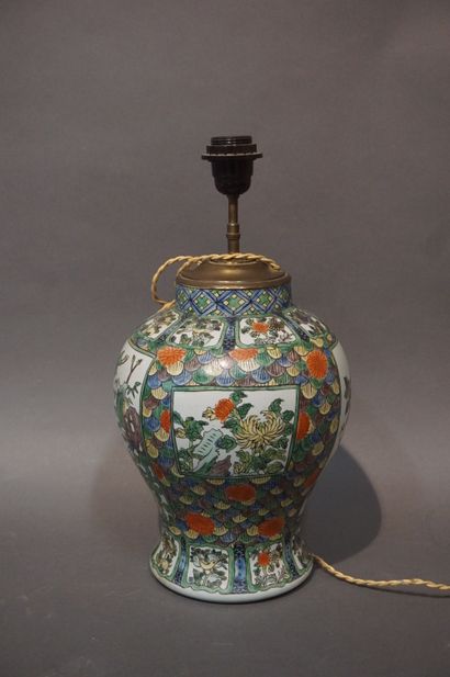 null Asian porcelain vase decorated with birds and flowers, Kangxi style. Mounted...