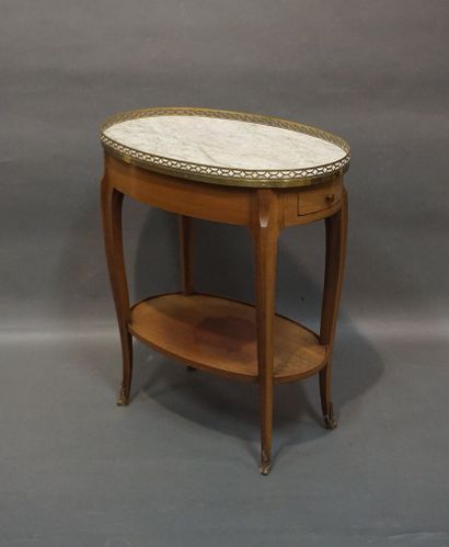 null Petite table ovale en bois naturel à deux tiroirs en ceinture, tablette d'entretoise...