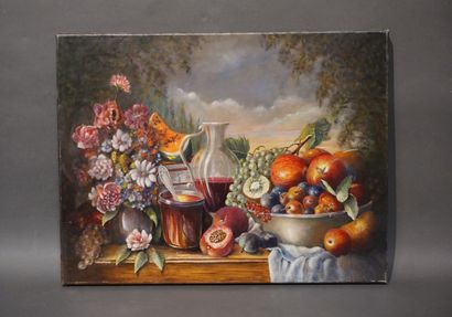 Robert LAFONTAINE (XXe) "Nature morte aux fruits et aux fleurs", huile sur toile,...