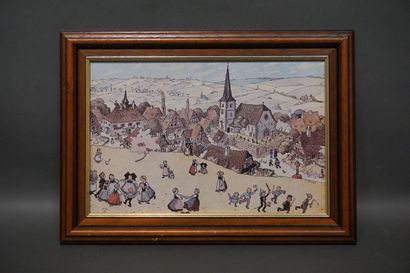 null D'après Hansi: "Village Alsacien", reproduction. 25x38 cm