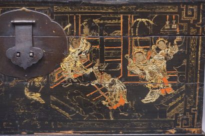 null Asian wedding chest in blackened wood with painted palace scenes, on base. With...