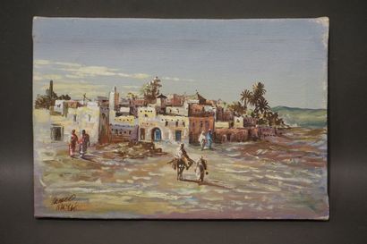 null Ecole orientaliste: "Entrée de village animé", huile sur toile, sbg. 24x35 ...