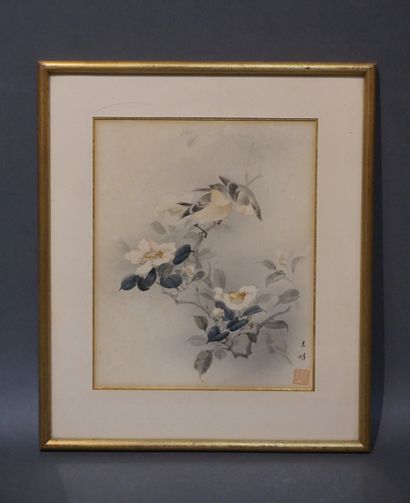 null Ecole asiatique: oiseaux sur une branche fleurie, aquarelle. 24x20 cm