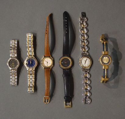 null Six montres bracelet de dame en métal ou cuir, à quartz, de marques Swatch,...