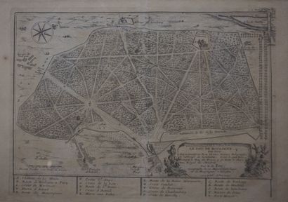 null Gravure ancienne: "Le bois de Boulogne" (pliures). 26,5x37 cm