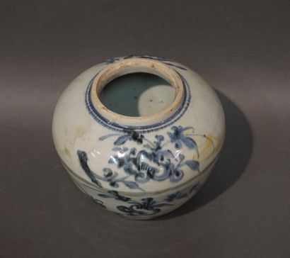 null Vase en porcelaine asiatique à décor végétal blanc/bleu. 16 cm