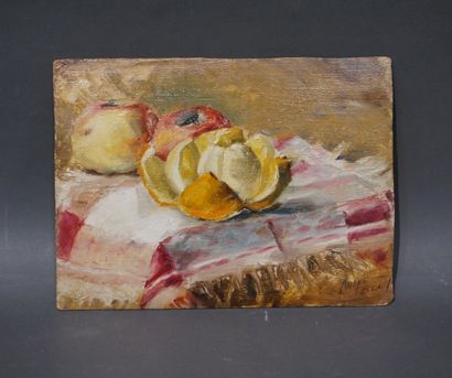 André RETEUILLE "Orange et deux pommes", huile sur carton, sbd. 23,5x32,5 cm