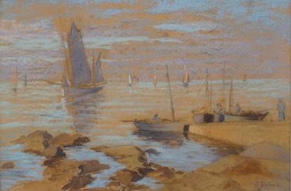 G. FEVRIER "Barques en bord de mer, le retour de la pêche", pastel, sbd. 21x32 c...