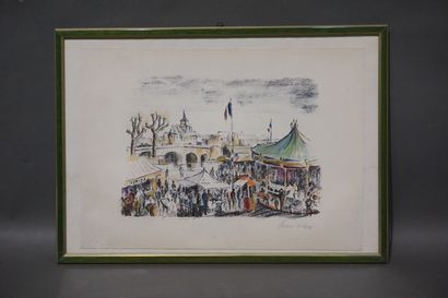 Maurice LEBLANC "La fête foraine au village", technique mixte, sbg. 31,5x44 cm