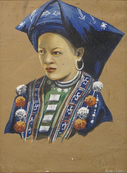 TIM-LONG Ecole viêtnamienne: "Femme en costume", gouache, sbd. 23x17 cm