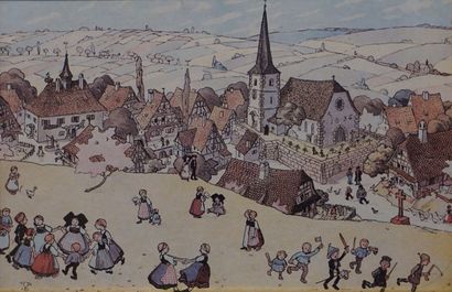null D'après Hansi: "Village Alsacien", reproduction. 25x38 cm