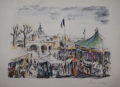Maurice LEBLANC "La fête foraine au village", technique mixte, sbg. 31,5x44 cm