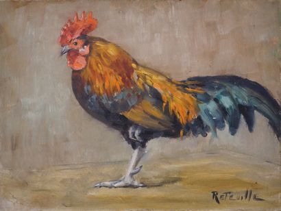 André RETEUILLE "Coq", huile sur carton, sbd. 24x32 cm