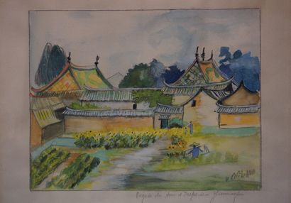 E. CICILIANO Trois aquarelles vues du Yunnanfu en Chine": "Pont du dragon noir",...