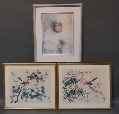 null Trois reproductions, deux asiatiques: "Oiseaux branchés", et "Pierrot" (30x23...