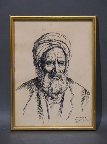 Arthur S. "Portrait de vieil homme", encre, sbd, daté 1957, situé à Téhéran. 29x21,5...