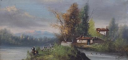 RODIN "Rivière dans un paysage animé", huile sur toile, sbd. 18x36 cm