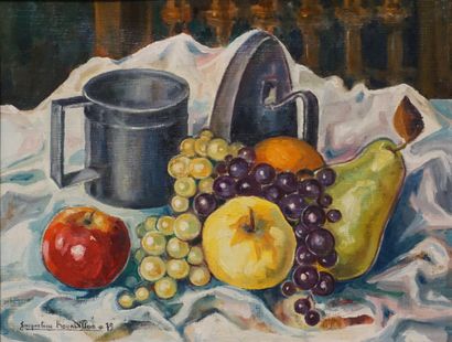 Jacqueline BOURDILLON "Nature morte aux fruits", huile sur toile, sbg, daté 1979....